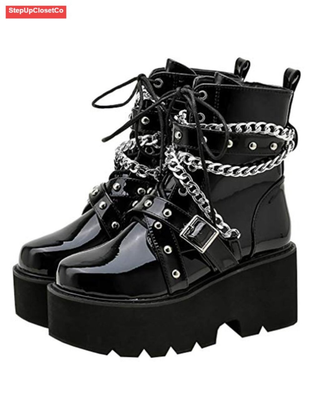 Patent Leather Goth Chunky Combat Ankle Boots with Platform & Side Zip